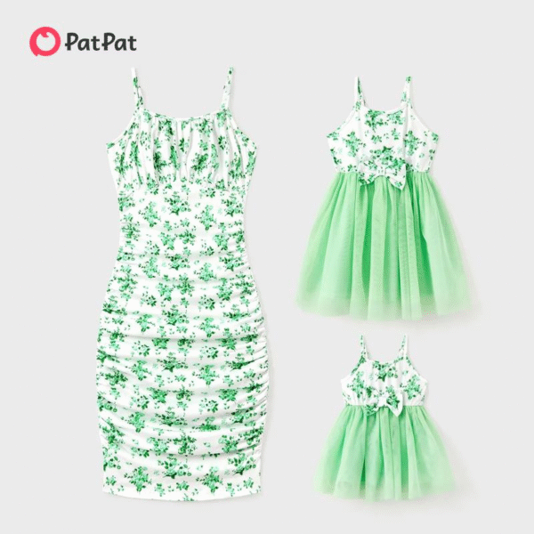 Patpat Mommy and Me Strap Dress Mom and Daughter Spliced Mesh Strap Dress Matching Family Set Springtok