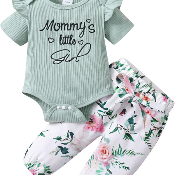 Nilikastta Baby Girl Clothes Newborn Infant Girl Outfits,Short Sleeve Bodysuit Ruffled Floaral Pants Headband Set(Light Green,12-18M)