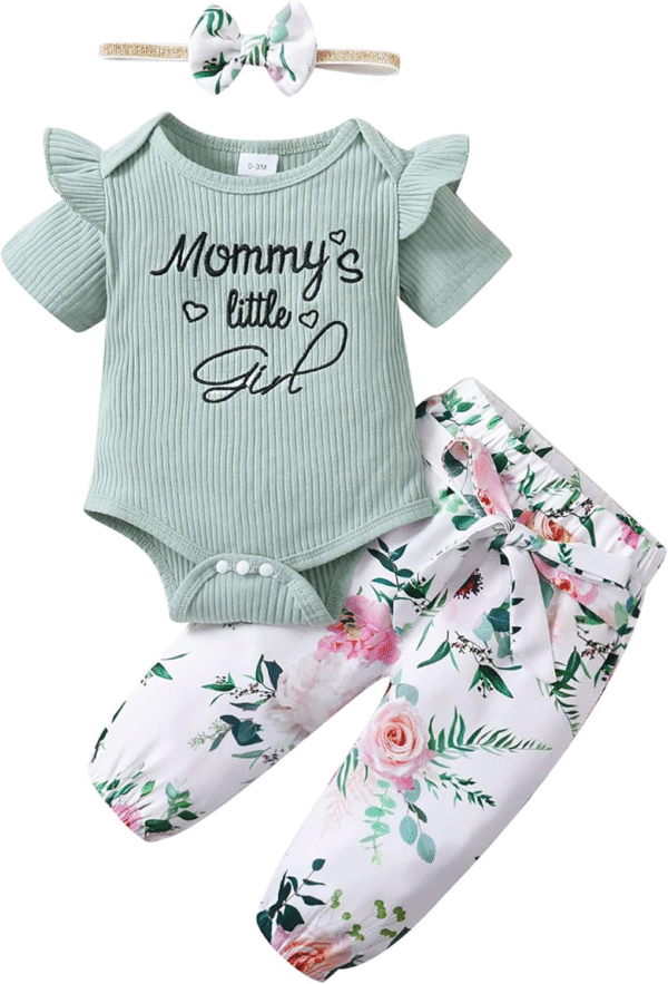 Nilikastta Baby Girl Clothes Newborn Infant Girl Outfits,Short Sleeve Bodysuit Ruffled Floaral Pants Headband Set(Light Green,12-18M)