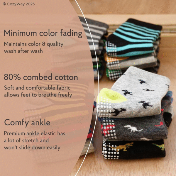 Cozyway Baby & Toddler Socks with Grippers Non Slip Ankle Grip Socks for Boys and Girls Babies - Comfy Soft Cotton - 6 Pack