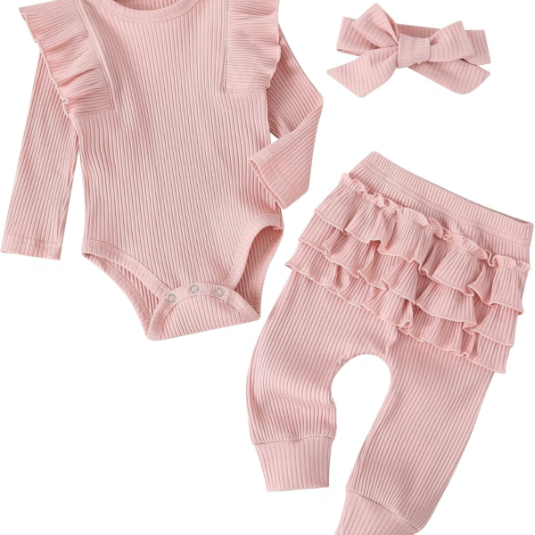 Fullfamous Baby Girl'S 3Pc Rib Frill Long Sleeve Romper and Pant Set