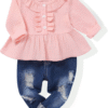 Little Girl Kid Outfit Toddler Jeans Ruffle Long Sleeve Shirt Tops + Floral Denim Jean Long Pant 2 Piece Fall Winter Clothes Sets(Yellow, 3-4T)