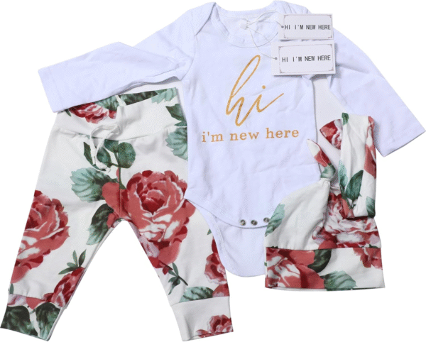KANGKANG Newborn Baby Girl Clothes Hi I'M New Here Newborn Outfit Infant Romper Floral Pants Cute Baby Girl Outfits 4PC Set