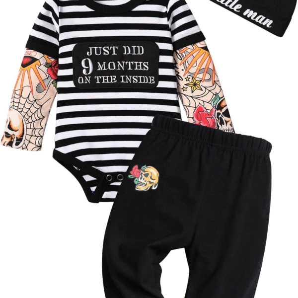 Baby Boy Clothes Tattoo Sleeve Funny Romper Bodysuit+Pants 3PCS Infant Outfits Set