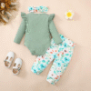 Kislio Newborn Baby Girls Clothes Ribbed Ruffled Romper+Floral Pants+Headband Infant Outfit Set