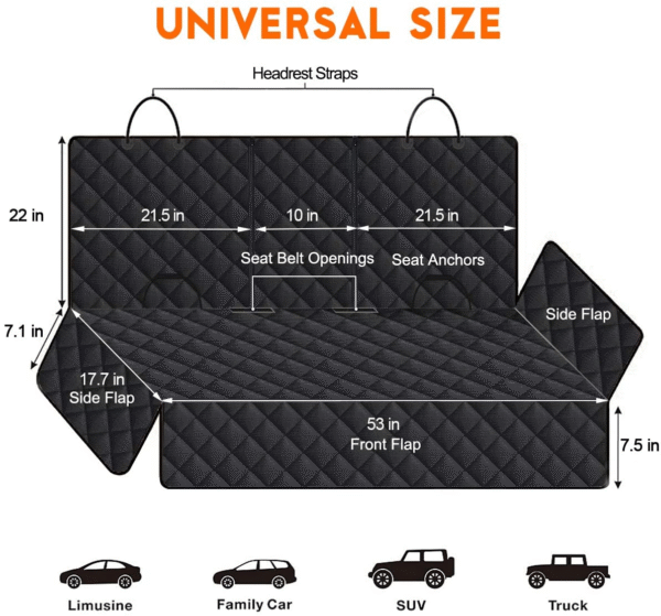 Waterproof Dog Car Seat Cover - Back Seat Protector for Pets, Non-Slip Design Fits Most Cars, Trucks, and SUVs - Black