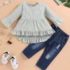 Toddler Baby Girl Clothes Solid Color Ruffle Tops Floral Pants with Cute Headband Outfit Set