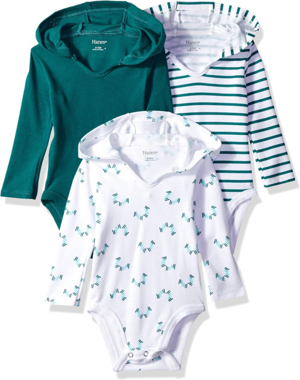 Hanes Baby Long Sleeve Bodysuit, Ultimate Bodysuit Hoodie Boys & Girls, 3-Pack