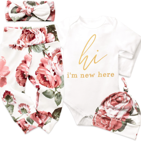 KANGKANG Newborn Baby Girl Clothes Hi I'M New Here Newborn Outfit Infant Romper Floral Pants Cute Baby Girl Outfits 4PC Set