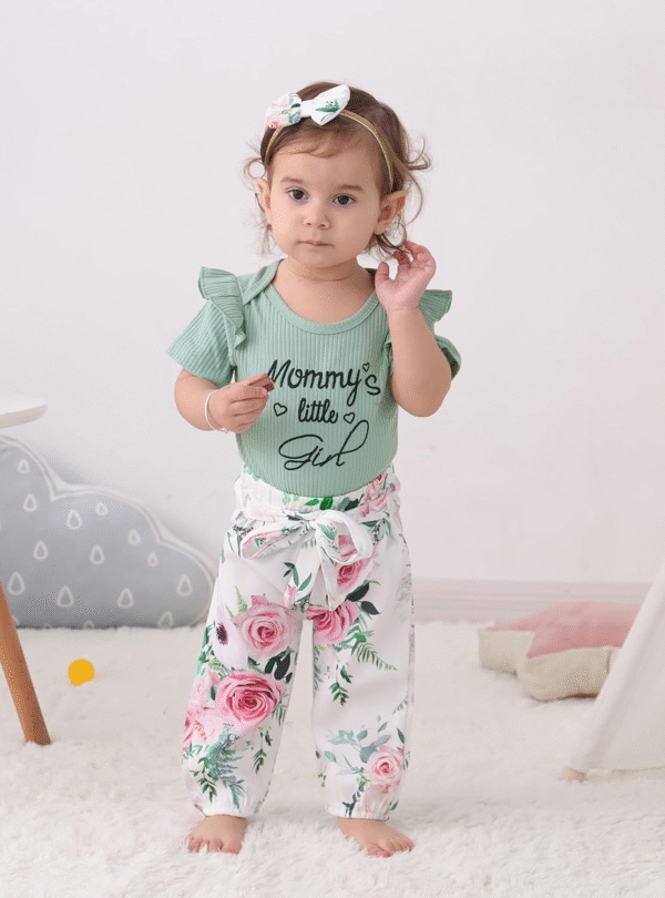 Nilikastta Baby Girl Clothes Newborn Infant Girl Outfits,Short Sleeve Bodysuit Ruffled Floaral Pants Headband Set(Light Green,12-18M)
