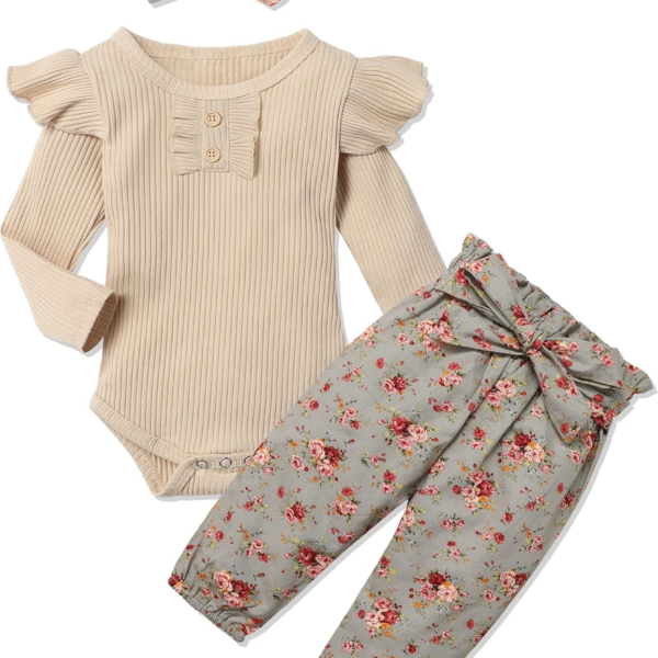 KANGKANG Newborn Baby Girl Clothes Ribbed Ruffle Sleeve Romper + Floral Pants + Headband Cute Infant Baby Girl Outfit 3Pcs