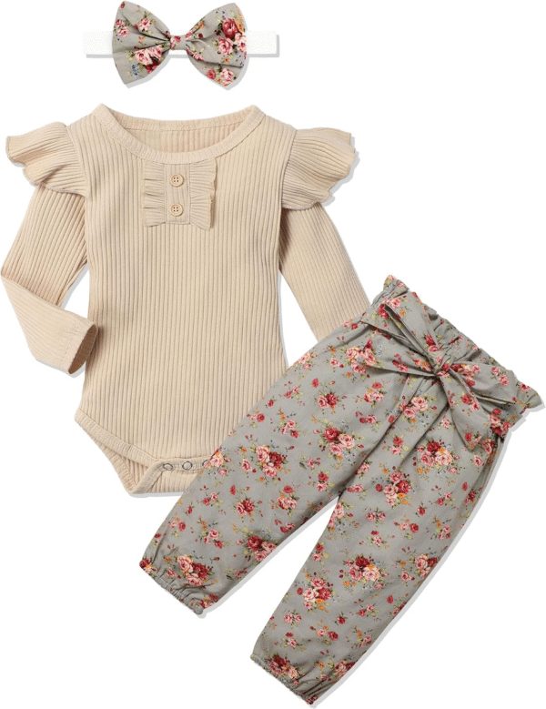 KANGKANG Newborn Baby Girl Clothes Ribbed Ruffle Sleeve Romper + Floral Pants + Headband Cute Infant Baby Girl Outfit 3Pcs