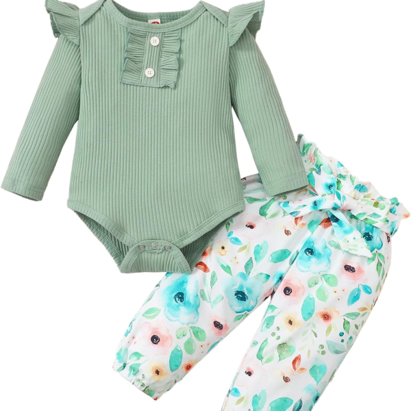 Kislio Newborn Baby Girls Clothes Ribbed Ruffled Romper+Floral Pants+Headband Infant Outfit Set