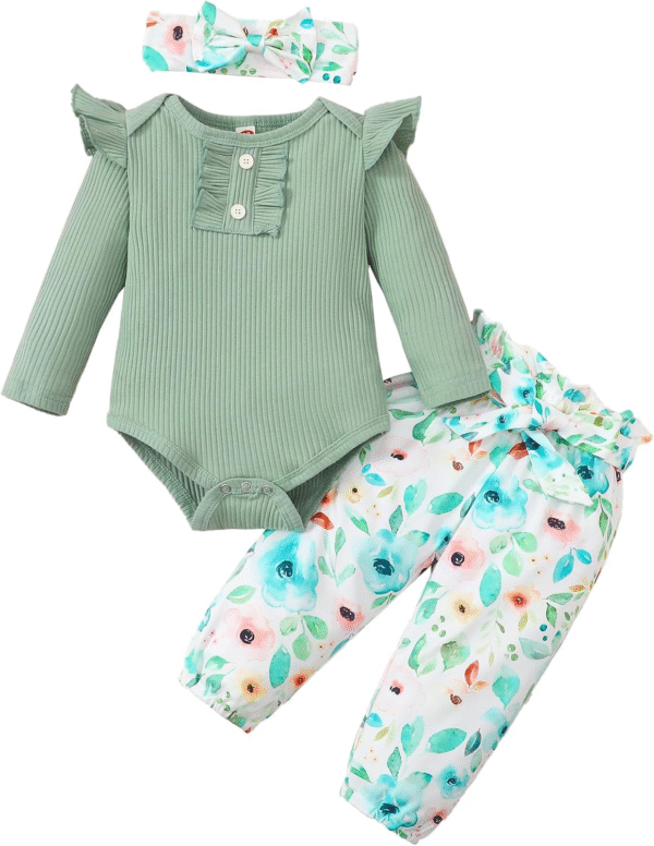Kislio Newborn Baby Girls Clothes Ribbed Ruffled Romper+Floral Pants+Headband Infant Outfit Set