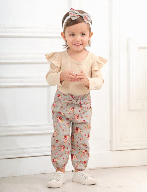 KANGKANG Newborn Baby Girl Clothes Ribbed Ruffle Sleeve Romper + Floral Pants + Headband Cute Infant Baby Girl Outfit 3Pcs