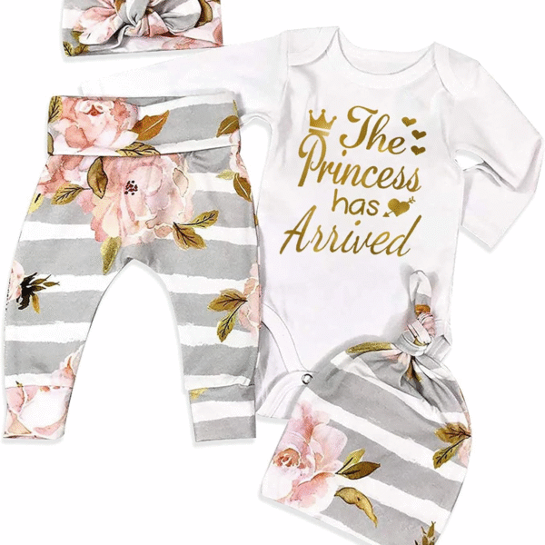 KANGKANG Newborn Baby Girl Clothes Hi I'M New Here Newborn Outfit Infant Romper Floral Pants Cute Baby Girl Outfits 4PC Set