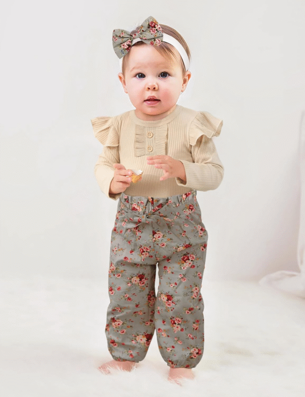KANGKANG Newborn Baby Girl Clothes Ribbed Ruffle Sleeve Romper + Floral Pants + Headband Cute Infant Baby Girl Outfit 3Pcs