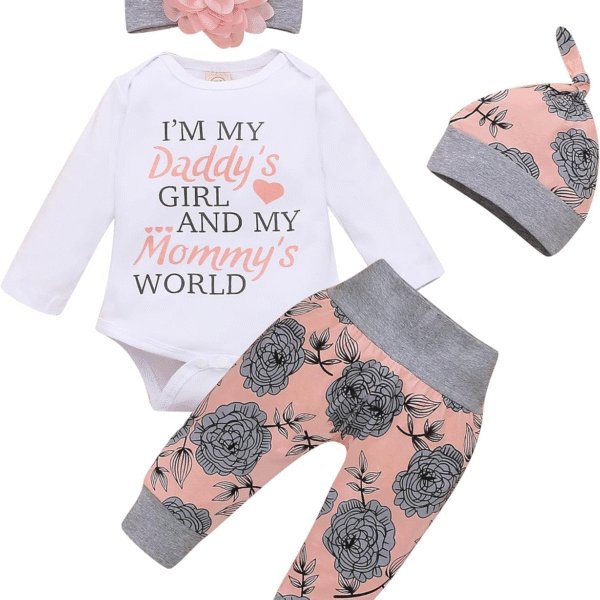 Kucnuzki Toddler Girl Clothes Long Sleeve Fall Outfit Daddys Little Girl Baby Clothes Rose Flower Pant Girl Boutique Clothing Set 12-18 Months
