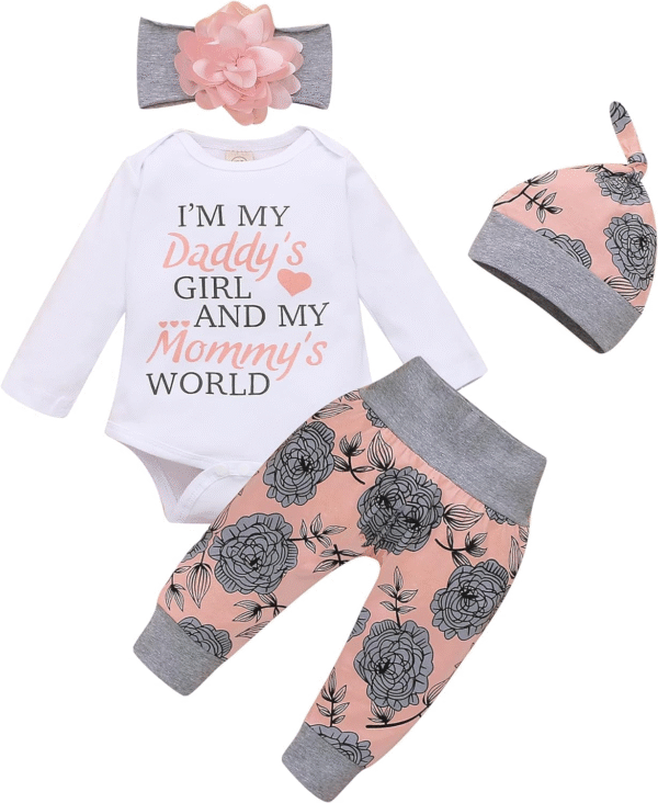 Kucnuzki Toddler Girl Clothes Long Sleeve Fall Outfit Daddys Little Girl Baby Clothes Rose Flower Pant Girl Boutique Clothing Set 12-18 Months