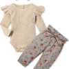 KANGKANG Newborn Baby Girl Clothes Ribbed Ruffle Sleeve Romper + Floral Pants + Headband Cute Infant Baby Girl Outfit 3Pcs