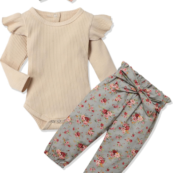 KANGKANG Newborn Baby Girl Clothes Ribbed Ruffle Sleeve Romper + Floral Pants + Headband Cute Infant Baby Girl Outfit 3Pcs