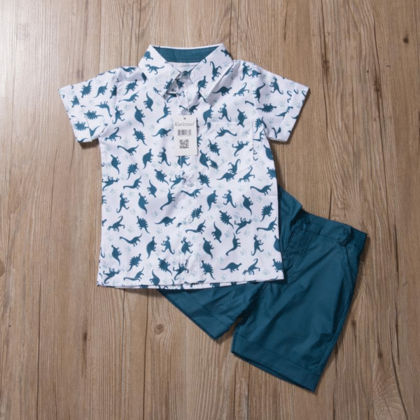 Toddler Baby Boy Summer Outfits Dinosaur Print Short Sleeve Button down Print Shirt with Shorts 2PCS Hawaiian Clothes