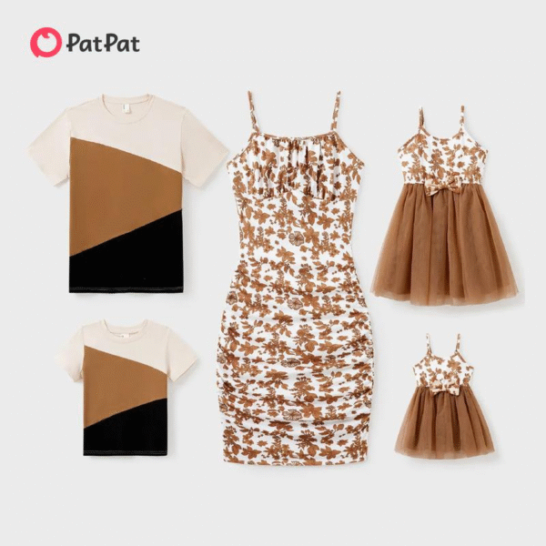 Patpat Mommy and Me Strap Dress Mom and Daughter Spliced Mesh Strap Dress Matching Family Set Springtok