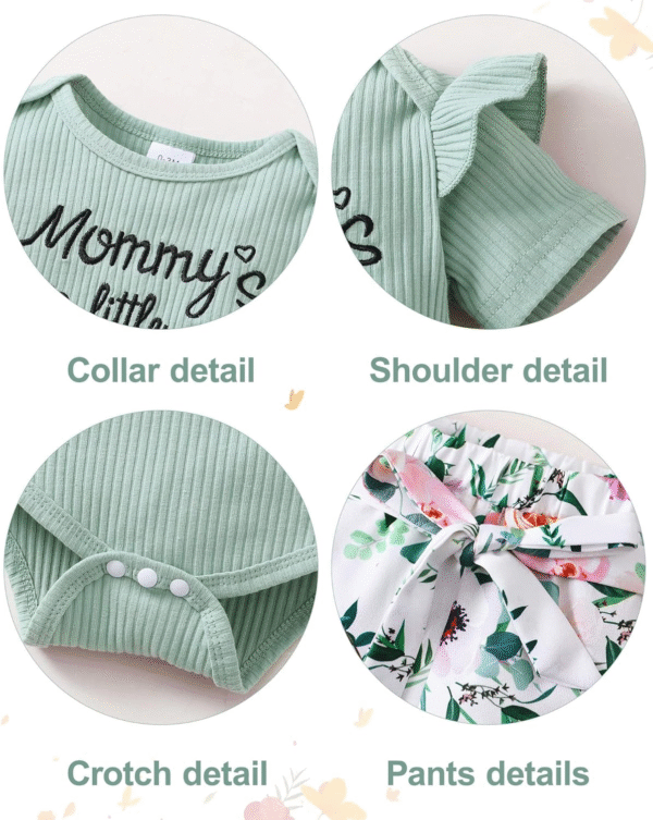 Nilikastta Baby Girl Clothes Newborn Infant Girl Outfits,Short Sleeve Bodysuit Ruffled Floaral Pants Headband Set(Light Green,12-18M)