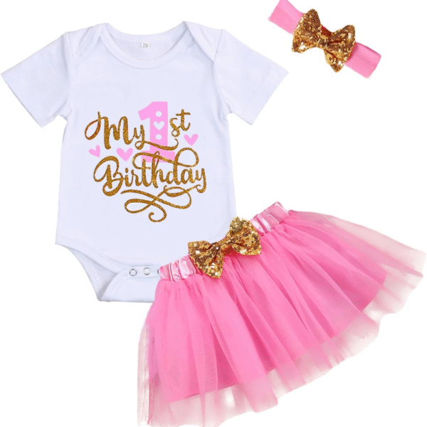 GRNSHTS Baby Girl Birthday Cake Smash Outfit Toddler Girl My 1St Birthday Romper Tutu Skirt with Headband Clothes Set